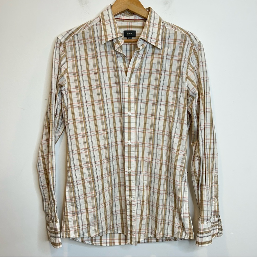 Mexx Tan and White Plaid Button Up Dress Shirt
